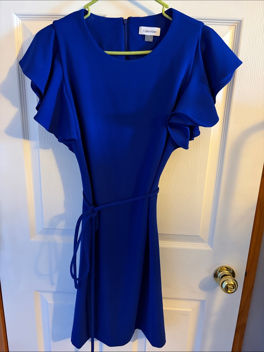Calvin Klein Cobalt Blue Ruffle Sleeve Belted Dress